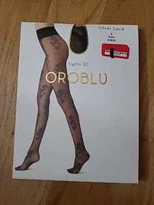 New Women's OROBLU Paisley  Silver Lace Sheer Tights 20 Den Black Size S - Picture 1 of 5