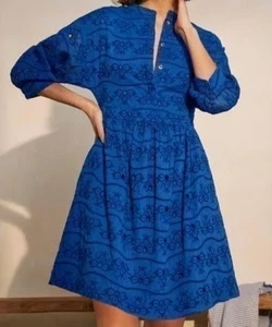 Boden Broderie Eyelet Cotton Summit Blue Dress 3/4 Sleeve Size 6P - Picture 1 of 11