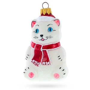 White Cat with Red Scarf Glass Ornament - Picture 1 of 5