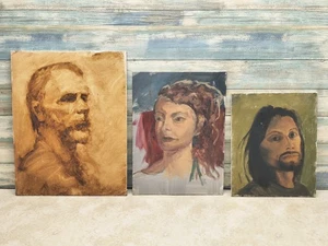 Ritratti Arte Lotto di 3 Dipinti Tela Acrilica Uomo e Donna - Foto 1 di 11