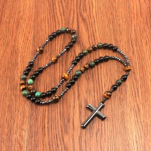 Natural Stone Africa Turquoise and Tiger-eye Beads Cross Pendant Necklace Rosary - Picture 1 of 6
