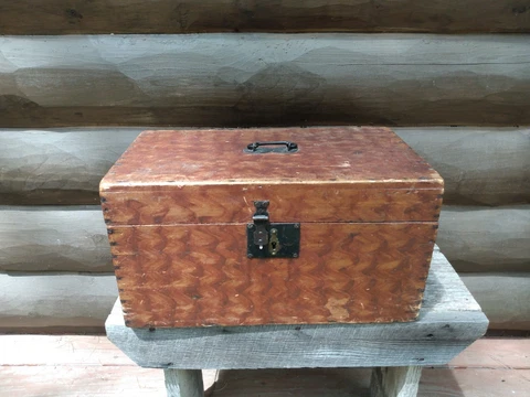 Early Antique Folk Art Grain Painted Wooden Document Candle Box Chest with Tray Cover