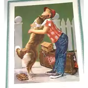 Calendario 1961 ""A Happy Reunion"" perro da la bienvenida niño hogar litografía estampado artístico - Imagen 1 de 3