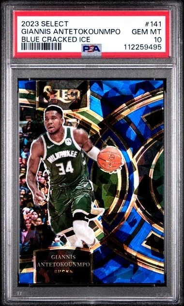 Panini Select 2023 azul hielo agrietado Giannis Antetokounmpo #141 PSA 10 GEMA Bucks Foto 1 de 2