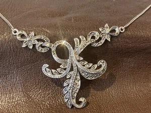 Fabulous 935 Argentium Silver Marcasite Pendant, Vintage Marcasite Necklace - Picture 1 of 12