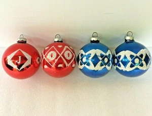 Vtg 4 Red + Blue Glass Ornaments MCM Stenciled Glitter Made In USA Letters JOY - Picture 1 of 7