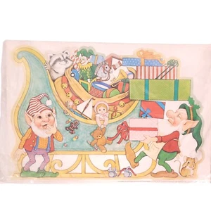 Vtg Paper Christmas Wall Decoration 1981 Current Inc Elves Sleigh 4 Sheets - Picture 1 of 5