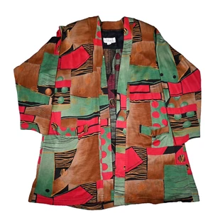 Vintage 80s 90s Cardigan w Shoulder Pads Geometric Print Jacket Multicolor - Picture 1 of 15