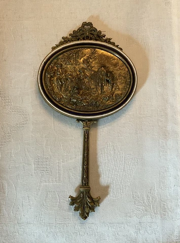 Antique 19th C Bronze Gilt Repousse  Blue White Enamel Hand Mirror France Cover