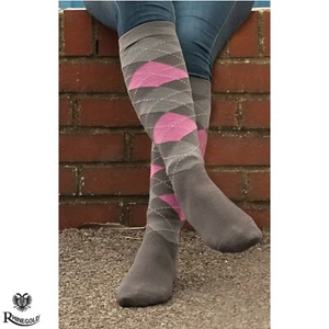 Rhinegold Fully Cushioned Sole Riding Socks   Long Riding Socks   Grey/Pink - Picture 1 of 8