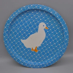 Vintage Retro Duck Tin Tray Farm Litho Sky Blue White Flower Round Metal 13" - Picture 1 of 14