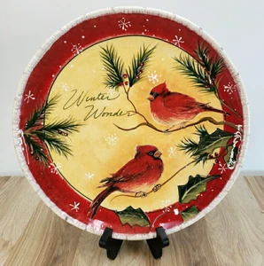 Pier 1 Stechpalme Vögel Speiseteller Weihnachten Kardinäle handbemalt Steingut - Bild 1 von 4