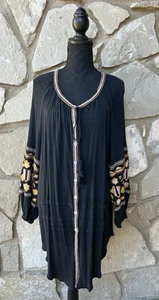 Ao Zang Embroidered Dress Tunic Top Large Black Gauze Fabric Button Front EC - Picture 1 of 10