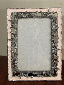 Metal Flowered Picture Frame Enamel Pink Border 8”x 6” - Picture 1 of 12