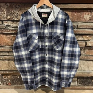 Wrangler kariertes blau-graues Baumwollflanell-Sakko mit Fleece-Kapuze - Bild 1 von 8