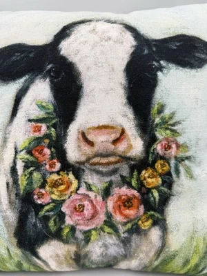 Primitives By Kathy Cow Pilllow With Floral Wreath 16X16 - Image 1 of 4
