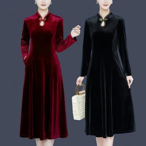 Abito donna lussuoso velluto Qipao linea A Cheongsam stile vintage cinese tinta unita - Foto 1 di 19