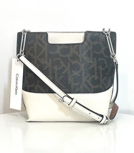Borsa a tracolla Calvin Klein marrone e bianca con logo monogramma in pelle nuova con etichetta - Foto 1 di 6