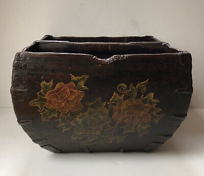 Vtg Antique Asian Chinese Japanese Rice Measure Peony Lotus Bucket Basket • 566.88$