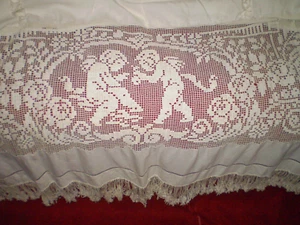 Antique French Lace Curtain, cherubs classic scenes fabric - Picture 1 of 15