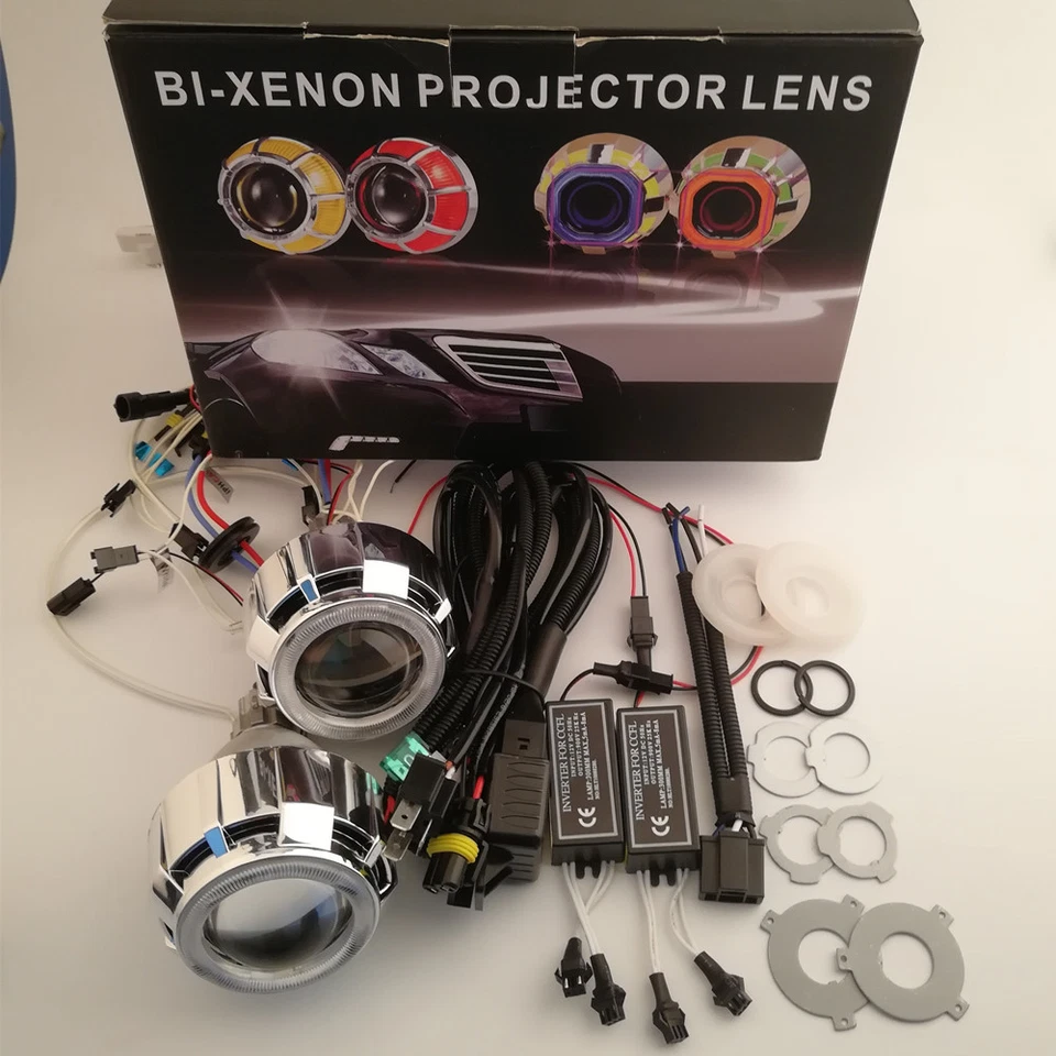 2.5'' Car BI-Xenon HID Projector Lens Kit with Double Angel Eyes Bulbs H1 H4 H7 - Image 1 of 4