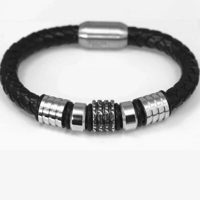 Men's Silver Stainless Steel 8" Black Braided Leather Magnetic Bracelet + Box - Image 1 of 3