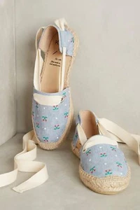 Anthropologie KMB 8 9 Shoes Ankle Tie Espadrilles Cherry Cotton Canvas 38 39 NIB - Picture 1 of 6