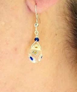 Blue White Millefiori Earrings Flowers Pear Resin Drop Hook Sterling Silver Boho - Picture 1 of 7
