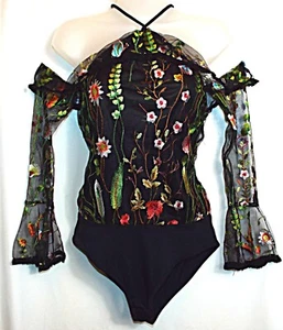 NEW GORGEOUS TRENDY HUB π BLACK CHIFFON EMBROIDERED BODYSUIT TOP SIZE 8 #1005* - Picture 1 of 7