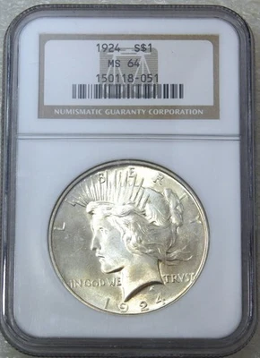 1924 Peace Silver Dollar NGC MS64 White Frosty Luster Premium Quality #K391K - Image 1 of 3