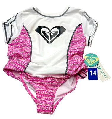 Roxy девочка UPF 50 + Rash Guard плавать комплект размер 14 розовый полоски 2 изделия новый с Ярлыками - Изображение 1 из 4