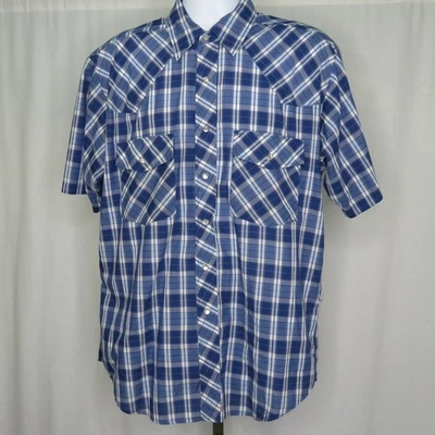 Camisa masculina Outlaw Western Wear Snap Front xadrez azul manga curta G - Imagem 1 de 4