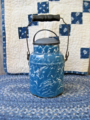 Antique Blue Marble  Graniteware Cream Can w Tin Lid - Image 1 of 4