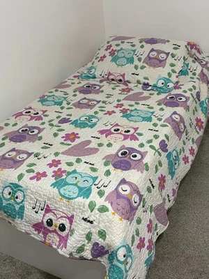 Owl Hoot Blue Purple Polka Dot Coverlet Bed Cover Quilt Sham Set Twin - Image 1 of 4