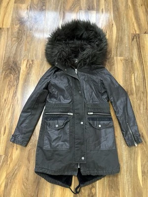Size 8 River Island Khaki Parka Coat Jacket Faux Fur Hood Trim Fur Lined Used - Image 1 of 4
