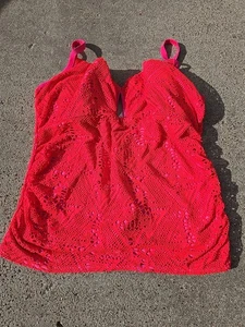 Swim By Cacique Plus Size 42G Balconette Tankini Swimsuit Top Red Crochet Knit - Picture 1 of 8