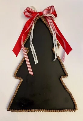 Christmas Tree Chalk Board Hanging Sign Wood Beaded Trim 20x14 Vtg Ribbon NWT - Image 1 of 4