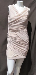 BEBE Flesh Nude Soft Stretch Mesh Tiered Fitted Bodycon Dress size S M Sexy - Bild 1 von 5