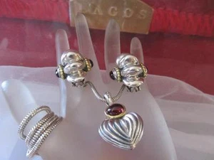 Vintage Lagos Kaviar Granat 18K Y/G & Sterlingsilber Ohrring & Halskette Set - Bild 1 von 12