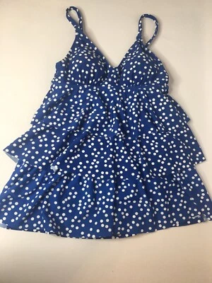 Jacklyn Smith Tankini Traje de Baño Traje de Baño TOP Azul Blanco Punto Volantes Mujeres 10 Foto 1 de 4