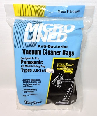 3 Micro Lined Vacuum Cleaner Bags For Panasonic Types U U-3 U-6 Anti-Bacterial - Image 1 of 4