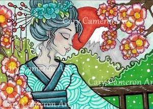 ACEO Original Painting Big Eye Kimono Sun Flower Fantasy Outsider art -C Cameron - Picture 1 of 1