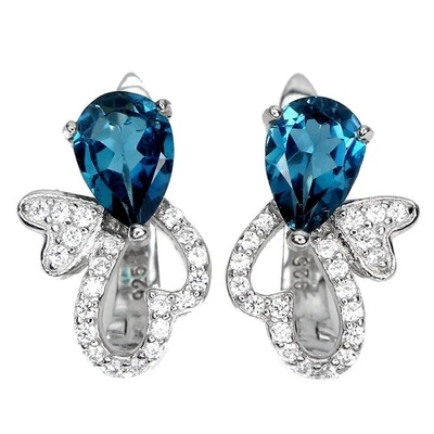 925 Sterling Silver Pear London Blue Topaz 7x5mm Simulated Cz Earring - Image 1 of 4