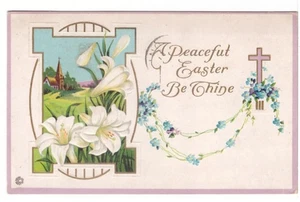 A Peaceful Easter Be Thine, Rural Church Scene, Flowers, 1917 Embossed Postcard - Picture 1 of 2