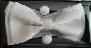 Bow Tie Handkerchief Set, White Colors BowTie Hanky, Cuffs - Guseleson Fashion - Picture 1 of 3