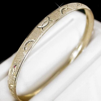 SMALL - TEEN | 6mm 14K Yellow GOLD ep DIAMOND CUT Solid BANGLE Ladies LIFE GUAR - Image 1 of 3