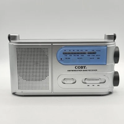 Coby AM FM Weather Band Receiver CX38C Silver Portable Radio Antenna AC/DC Cord - Image 1 of 4
