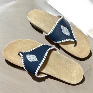 Jack Rogers Ginger Jar Navy Leather Embroidered Sandal Size 7.5 Made in Brazil - Picture 1 of 9