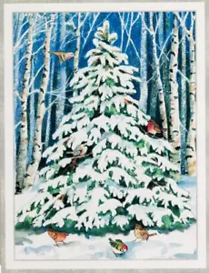 SET OF 4 Caspari Birds Christmas New Year Cards Large Birch Woods Tree Snow Lot - Picture 1 of 4