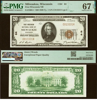1929 $20 National Bank Milwauke, Wisconsin CH# 64 PMG 67EPQ Top Pop Finest Known - Image 1 of 4
